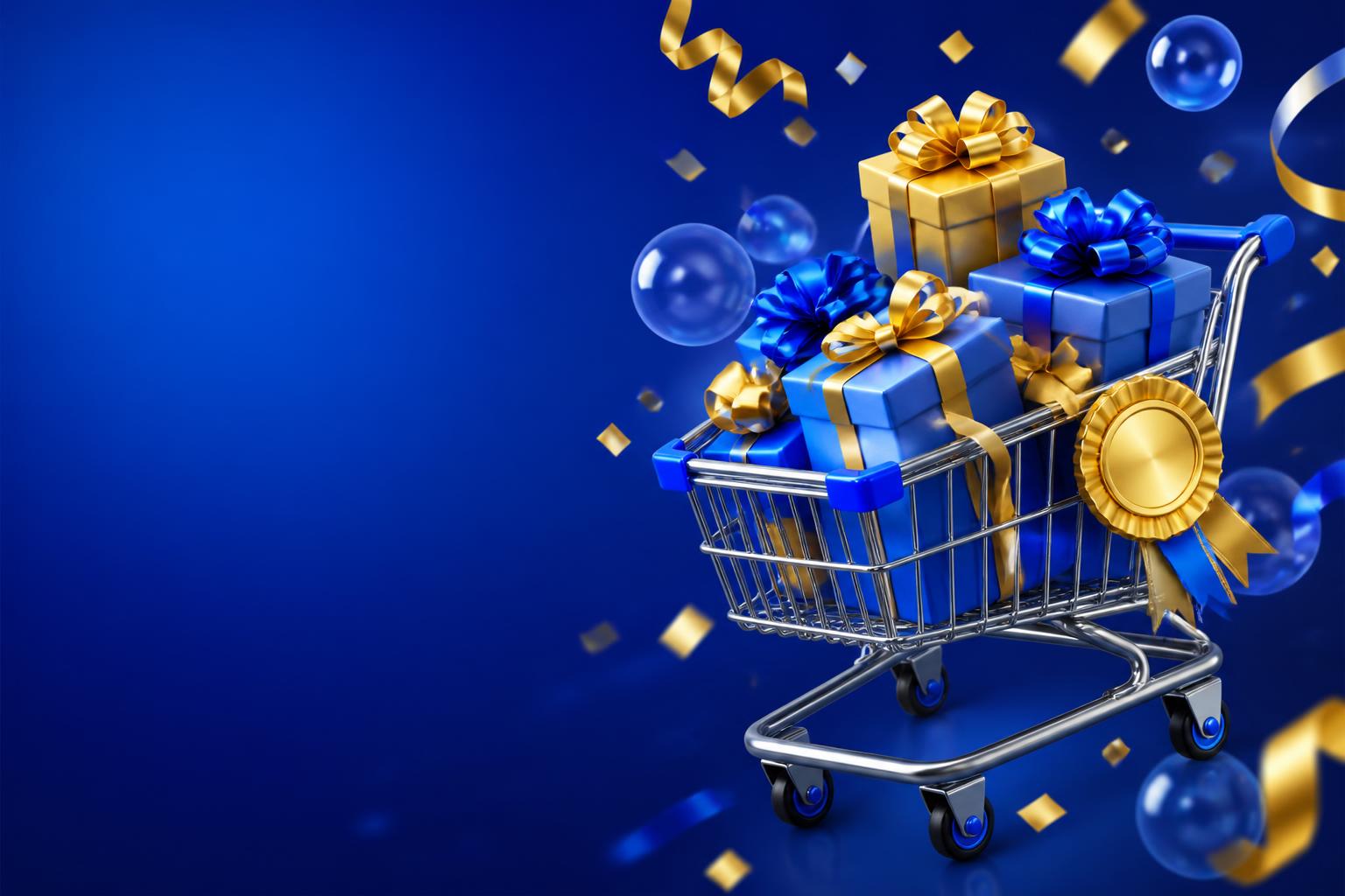 Carrinho de compras cheio de prêmios do ALPES MAIS